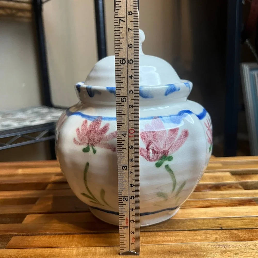 Vintage Signed Studio Pottery Lidded Jar Hand Painted Floral Folk Art 1992
